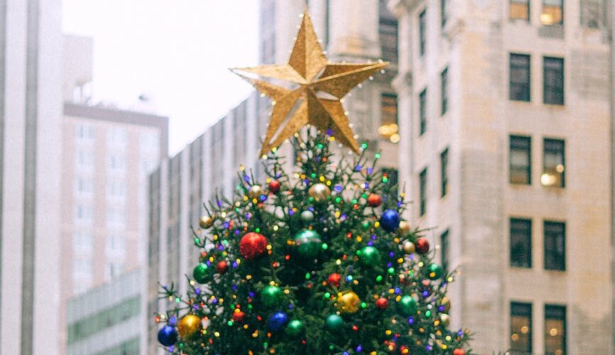 decorated christmas tree against urban multistage building facades