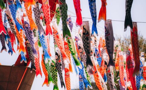 koi nobori fish windsocks attached to the tokyo tower to celebrate tango no sekku childrens day in japan