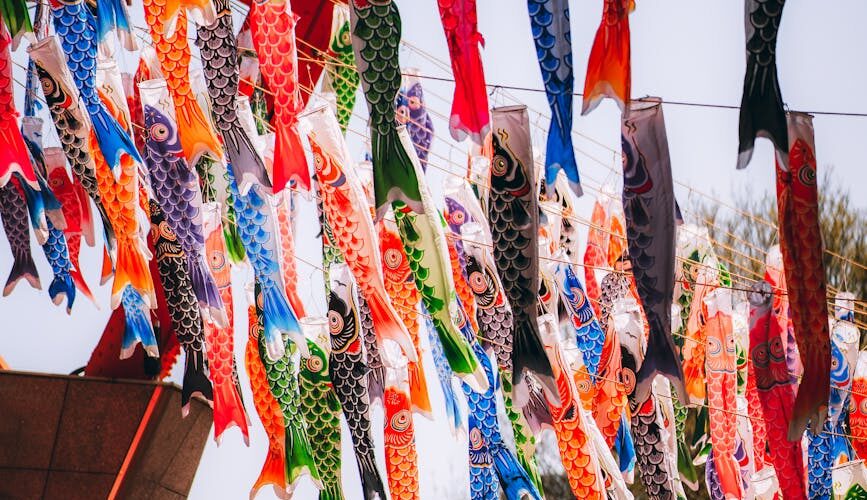 koi nobori fish windsocks attached to the tokyo tower to celebrate tango no sekku childrens day in japan